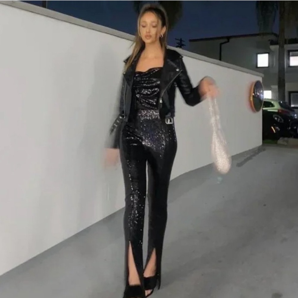 WAYF / Leggings Womens Black Sequin High Waist Front Slit / size S